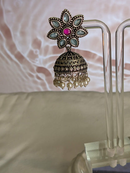 Precious Stone Dual Flower Jhumka