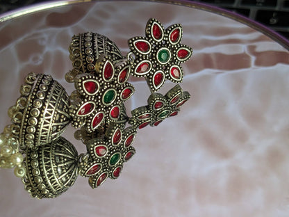 Precious Stone Dual Flower Jhumka